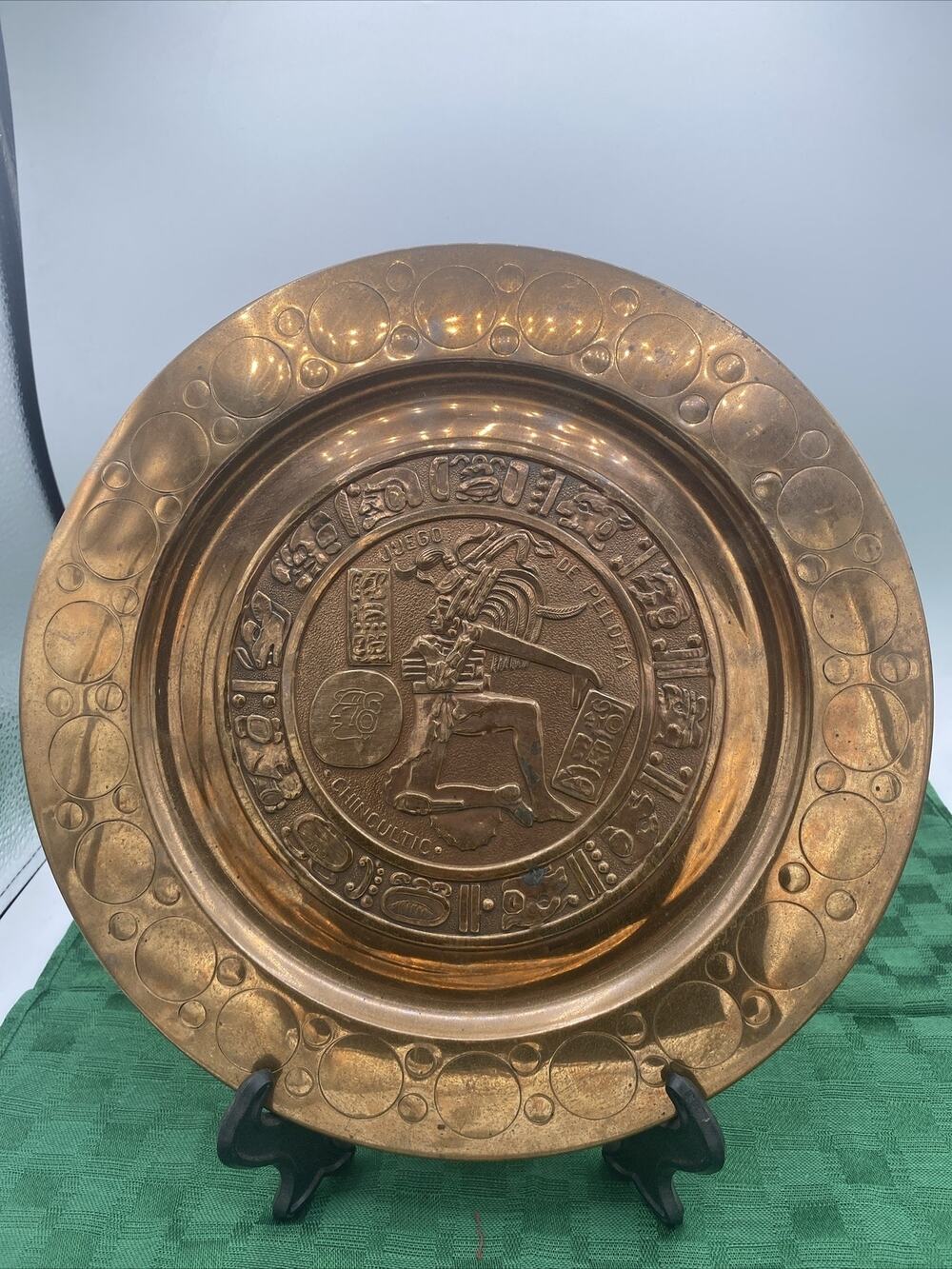 Vintage 11” Embossed English Copper Art Decorative Plate Aztec Warrior